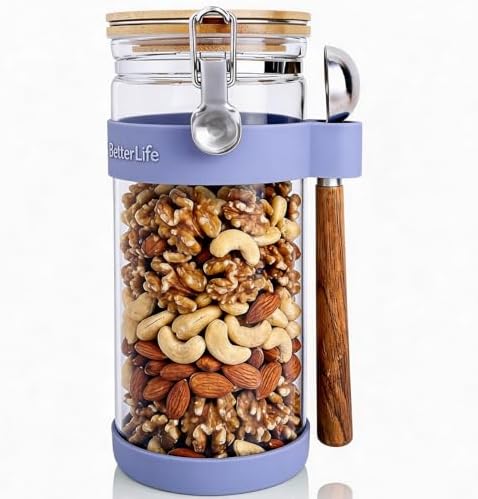 KKC Nut Storage Container Airtight Glass Jar 1500ml 50 oz - Airtight Pantry Storage Canister with Bamboo Lid, Silicone Protective Sleeve & 1 TBSP Long Wooden Handle Spoon for Walnut Almond Pecan by KKCHOMEACCENTSGmbH