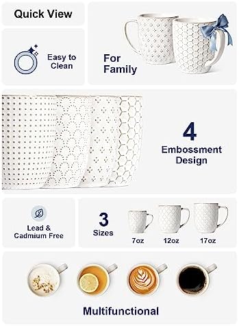 LE TAUCI Ceramic Coffee Mugs Set of 4, 16 oz, Embossed, Arctic White - Image 5