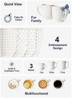 LE TAUCI Ceramic Coffee Mugs Set of 4, 16 oz, Embossed, Arctic White - Image 5