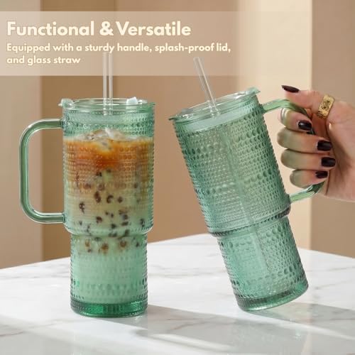 20 oz Green Glass Tumbler with Lid and Straw, Glass Iced Coffee Cups, Spill-proof Glasses Tumbler with Handle, Glasses Drinking Set of 2, Vintage Glassware for Cocktail, Smoothies - Image 2
