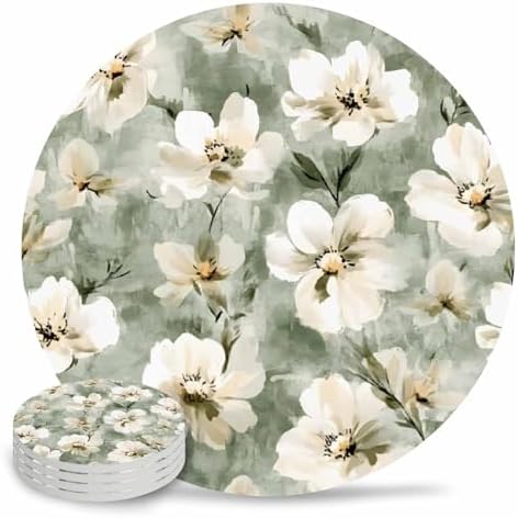 Coaster for Drinks 4 Pack,Spring Waterclor Blooming Floral Absorbent Round Ceramic Stone with Cork Base,Garden Natural Flower Art Drink Coaster Cup Mats for Home Dining Coffee Tables by ZFUNCING