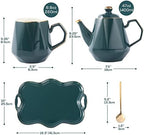 DUJUST 14 pcs Tea Set of 6 with Tray & Spoons, Modern Diamond Design Tea/Coffee Cup Set with Golden Trim, Chic Porcelain Living Room Decor, Fine-China Teapot Party Set, Gift Package - Green - Image 5