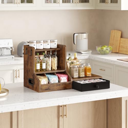 HOOBRO Coffee Mug Tree, Coffee Mug Cup Holder with Drawer, 25 Pod Capacity, Mug Display Stand with 2 Hooks, 3 Tier Mug Stand Rack for Countertop, Holds Syrup, Tea Bags, Rustic Brown and Black BF05CR01 - Image 5
