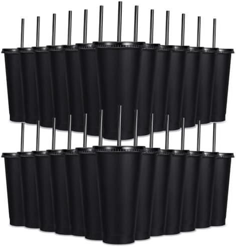 24 Pack Plastic Tumblers with Lids and Straw, Reusable Cups with Lids and Straws Colorful Cups for Cold Drink Iced Coffee, Plastic Tumbler Bulk for Party Birthday Gifts (24 oz, Stylish Colors-Black) by LEIFEOSH