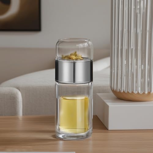 Tea Infuser Bottle, Double Wall Glass Travel Mug, Glass Water Tea Tumbler with Loose Leaf Tea Strainer, Silver, 16.9 oz, for Homes and Offices, Comfortable Grip for Hot and Cold Drinks - Image 4