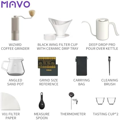 Pour Over Coffee Maker Set, 12 in 1 Set Box, Manual Coffee Grinder, Ceramic Pour Over Coffee Dripper with Tray, Pour Over Kettle, Glass Servers, Paper Filter, Coffee Cup, White - Image 2