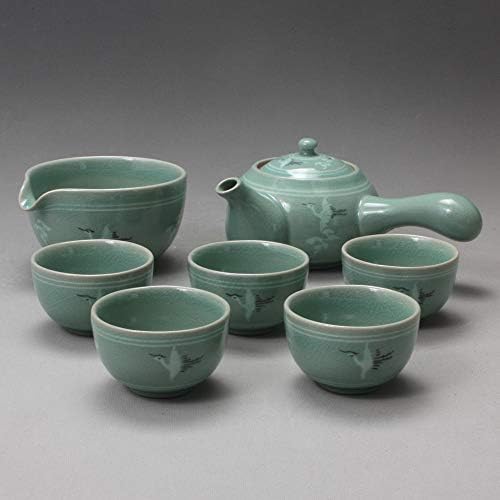 Korean Style Celadon Porcelain Crane Bird Cloud Design Tea Ceremony Complete Service Gift Set Ceramic Pottery 11.8 oz (350ml) Side Handle Tea Pot Cups Teapot Pitcher Bowl for Cooling Hot Water - Image 3