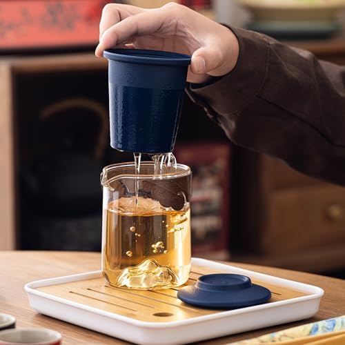 Portable Gongfu Tea Set with Travel Case, Ceramic Tea Set with Glass Teapot Infuser, Bamboo Tea Tray and 4 Ceramic Teacups, All-in-One Travel Tea Kit for Home Office Outdoor Picnic Camping - Image 5