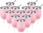 COMOOO Stainless Steel Wine Tumbler Glass Bulk with Lid and Straw 12oz Double Wall Vacuum Insulated Travel Tumbler Cup for Coffee Wine Cocktails Ice Cream Cup, Light Pink, 12 pack by COMOOO