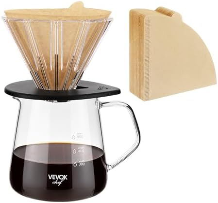 VEVOK CHEF Pour Over Coffee Maker Set with Extra 200PCS #2 Cone Coffee Filters Bundle, 20 Oz Glass Server Dripper Brewer with Unbleached Natural Paper Filters for Home Camping Outdoor by VEVOKCHEF