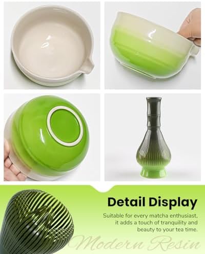 7 Piece Matcha Set, Green Resin Matcha Whisk, Macha Tea Set with Matcha Spoon, Whisk Holder, Matcha Brush, Shovel, Strainer, Matcha Accessories Japanese Tea Ceremony, Petal Green - Image 4
