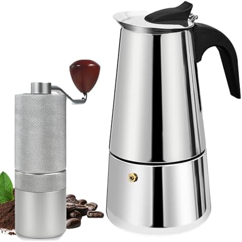 Manual Coffee Grinder Detachable Stainless Steel Conical Burr Aluminum Coffee Bean Grinder Silver with 2 Cup Stovetop Espresso Maker Stainless Steel Moka Pot Stove Top Percolator Italian Coffee by Theperfectcombinationofcoffeehomeandhealthylivingmakingeverydayadayofrituals