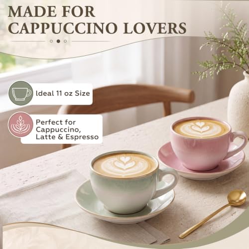 Latte Art Ceramic Cappuccino Cups and Saucers Set of 2, 11oz - Image 4