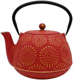 Urban Tokyo 40 fl oz Cast Iron Teapot Japanese Tetsubin Style Red With Gold Chrysanthemum Pattern Enamel Interior Stainless Steel Infuser Stovetop Safe 1200ml by Urban+Tokyo