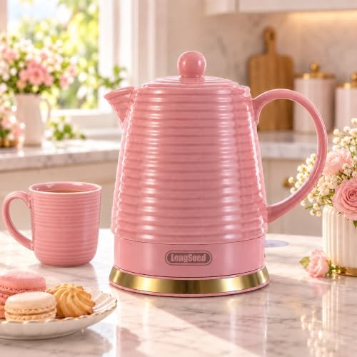 1.2L Ceramic Electric Kettle, 1000W Electric Tea Kettle with Textured Ribbed Design, Auto Shut-Off & Boil-Dry Protection, 360° Cordless Base, Bright Pink - Image 2