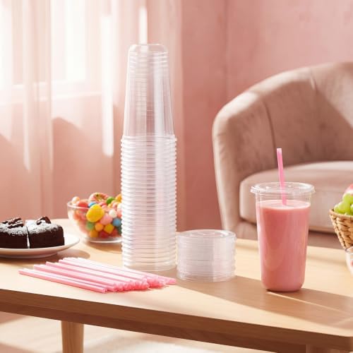 Ziliny 50 Sets 20 oz Clear Plastic Cups with Heart Shaped Straws and Lids - Image 3