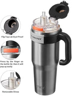 TKK 40 oz Insulated Tumblers with Handle and Straw, Stainless Steel Travel Mug with Ceramic Coating, Leak Proof Double Walled Iced Coffee Cup with Strainer for Hot & Cold Drinks, Steel - Image 2