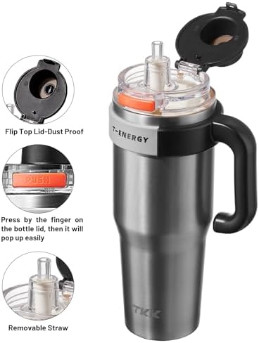 TKK 40 oz Insulated Tumblers with Handle and Straw, Stainless Steel Travel Mug with Ceramic Coating, Leak Proof Double Walled Iced Coffee Cup with Strainer for Hot & Cold Drinks, Steel - Image 2