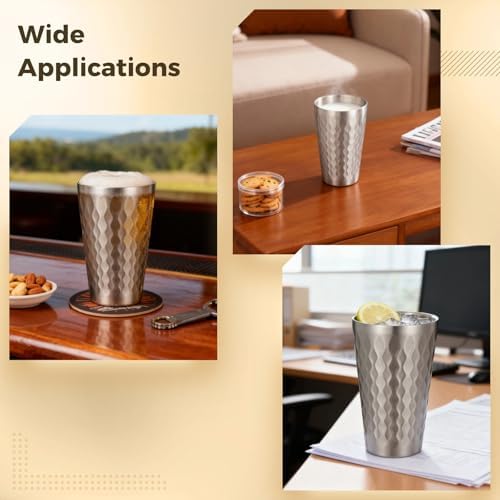 OMISTAR 4 Pcs Stainless Steel Double Wall Cups 15 oz, Korean Hammered Insulated Metal Cup, Unbreakable Stackable Water Tumblers for Beer, Beverage, Parties, Silver - Image 5