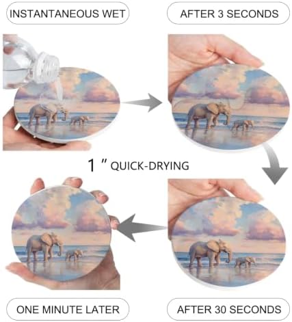 Beach Elephant Drink Coasters Set of 4 with Holder,Absorbent Round Ceramic Coasters for Desk,Natural Seaside Scenery Modern Paint Art Cup Mats for Home Kitchen Office Party Coffee Table Decoration - Image 4