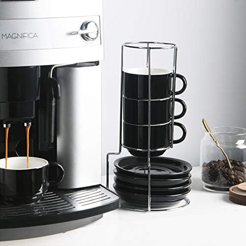 Sweejar Ceramic Espresso Cups with Saucers, 4 Ounce Stackable Cappuccino Cups with Metal Stand for Coffee Drinks, Latte, Tea - Set of 4 (Black) - Image 3