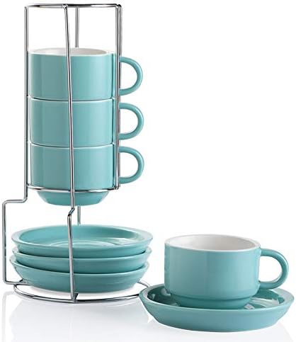 Sweejar Porcelain Espresso Cups with Saucers, 4 Ounce Stackable Cappuccino Cups with Metal Stand for Coffee Drinks, Latte, Tea - Set of 4 (Turquoise) by Sweejarco1949