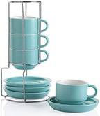 Sweejar Porcelain Espresso Cups with Saucers, 4 Ounce Stackable Cappuccino Cups with Metal Stand for Coffee Drinks, Latte, Tea - Set of 4 (Turquoise) by Sweejarco1949