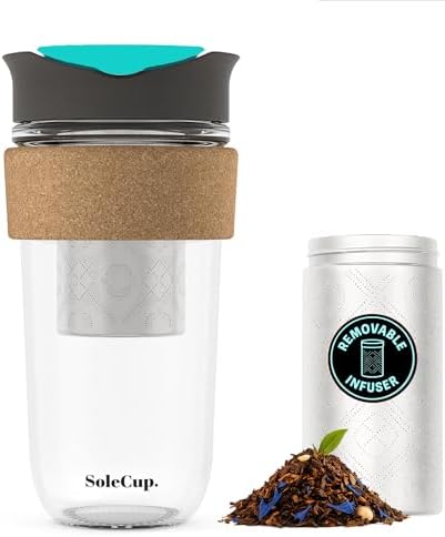 Large Travel Mug Loose Tea Infuser - Detachable Tea Strainer with Spill Proof Lid - 18oz/530ml BPA-Free Reusable Glass Travel Coffee Cup with Cork Band (Gray and Blue, 18oz) by SoleCup