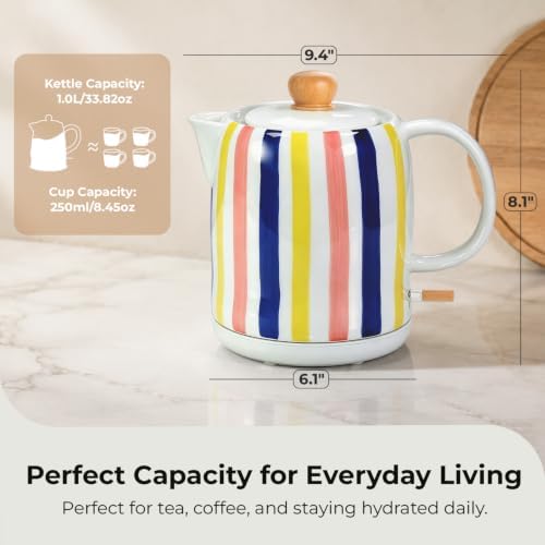 Hand-Painted Vertical Striped Ceramic Electric Kettle 1.0L - 1000W Fast Boil with Wooden Lid, Auto Shut-Off & Boil-Dry Protection for Coffee and Tea - Image 3