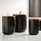 JOJUNO Black Embossed Ceramic Canister 3 Piece with Airtight Bamboo Lid - Image 7
