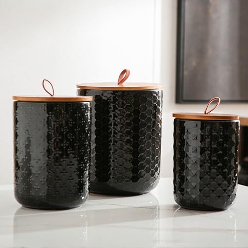 JOJUNO Black Embossed Ceramic Canister 3 Piece with Airtight Bamboo Lid - Image 7