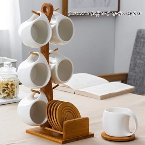 Bamboo Coffee Mug Holder Tree, Ceramic Coffee Cup Shelf Set 6 Piece Creative Cup Stand and Saucer Combination Coffee Mugs Kitchen Shelf Set (5x6.1x14.8) - Image 7