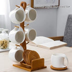 Bamboo Coffee Mug Holder Tree, Ceramic Coffee Cup Shelf Set 6 Piece Creative Cup Stand and Saucer Combination Coffee Mugs Kitchen Shelf Set (5x6.1x14.8) - Image 7