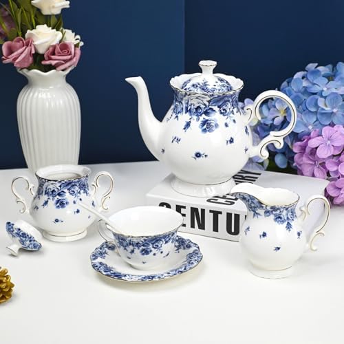 Bone China Tea Set for Adults, 13-Piece Blue and White Porcelain Tea Set for 4, Vintage Floral Tea Set With Teapot and Teaspoons, Tea Party Sets for Women Gift (Blue C) - Image 3