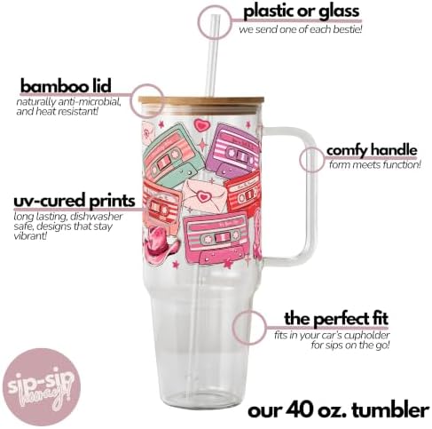 Sip-Sip Hooray! 40oz Retro Country Western Love Song Cassette Tapes Glass Tumbler with Lid and Straw Beverage Drinkware Drink Tumblers Mug Bottles - Image 4