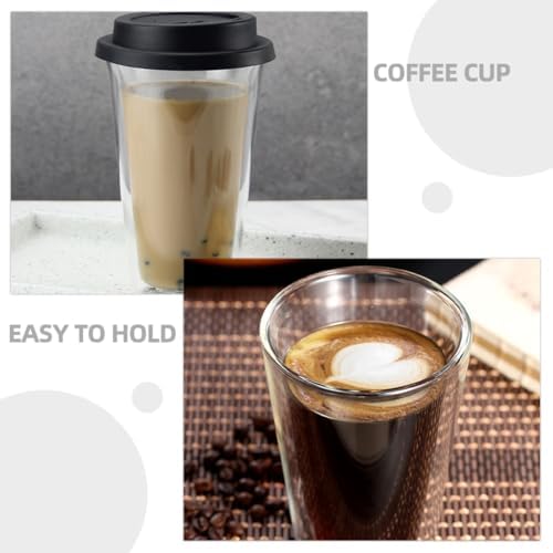 350ml Black Double Wall Glass Coffee Mug with Silicone Lid - Image 5