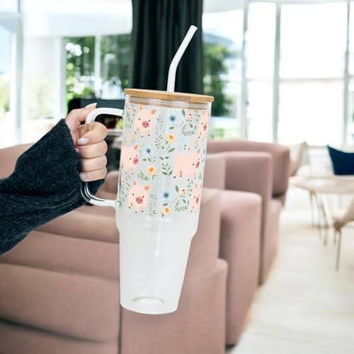 Sip-Sip Hooray! Piggy Floral 40oz Glass Tumbler with Lid and Straw - Image 5