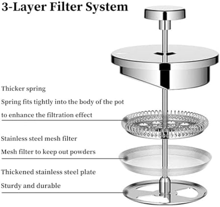 French Press Coffee Maker With 3-Layer Filter System Double Wall Insulated Stainless Steel Multifunction Brewed Coffee Pot With 1 Coffee Spoon And Cleaning Brush(/Silver A,1000ml) - Image 5