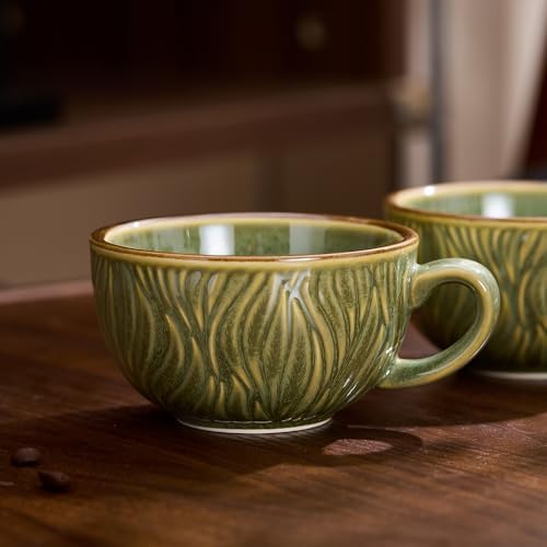 Coffeezone Set of 6 Vintage Design 12 oz Professional Barista Ceramic Latte Art Cappuccino Cups Set (Wave Green) - Image 5