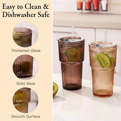 6PCS Brown Ribbed Glass Cups with Lids and Straws, 20oz Brown Vintage Drinking Glasses, Aesthetic Iced Coffee Cups, Glass Tumbler for Boba, Beer, Tea, Cocktails, Venus Ribbed Glassware Set (Venus-6) - Image 5