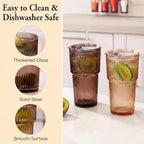 6PCS Brown Ribbed Glass Cups with Lids and Straws, 20oz Brown Vintage Drinking Glasses, Aesthetic Iced Coffee Cups, Glass Tumbler for Boba, Beer, Tea, Cocktails, Venus Ribbed Glassware Set (Venus-6) - Image 5