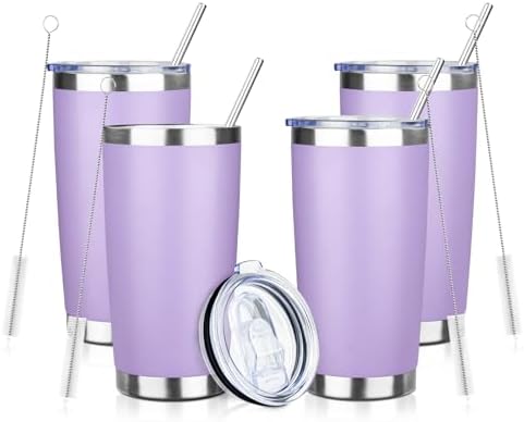 20oz Tumbler with Straw and Brush, Stainless Steel Vacuum Insulated tumbler, Double Wall Insulated Coffee Tumbler for Outdoor, Home, Travel,Office (lilac，4pcs) by ATIKZHE