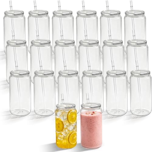 16oz Acrylic Tumblers Cups with Lids and Straws, 20 Pack Plastic Mason Jars Iced Coffee Drinking Glasses for Park Picnic, Poolside, Party Giveaways, Clear by Paoren