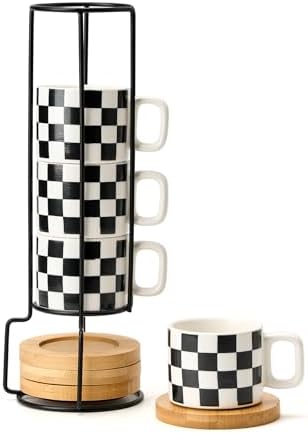 LUKA Porcelain Stackable Black and White Checkered Espresso Cups with Saucers and Metal Stand, 4 Ounce Small Ceramic Demitasse Cups Set for Coffee Drinks, Latte, Tea - Set of 4, White Interior by LUKA