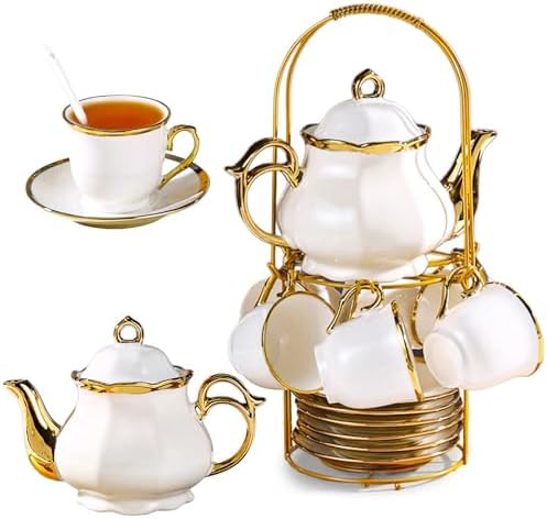 20-Piece Porcelain Tea Sets for Adults, British Style Tea Party Sets for 6 Adults, Includes Tea Cups and Saucers, Teapot, Spoons & Metal Rack, Elegant Ceramic Tea Set for Women, Wedding & Home Decor by LYTDMSKY