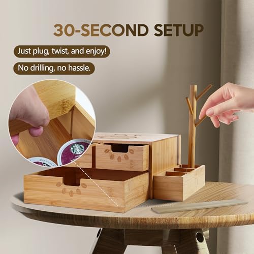 Coffee Pod Drawer, Wooden K Cup Holder with Tree Shape Mug Holder and Side Storage Box, 2-Tier K Pod Drawer Coffee Maker Machine Stand(80 Kcups+60 Tea Bags Capacity) - Image 7