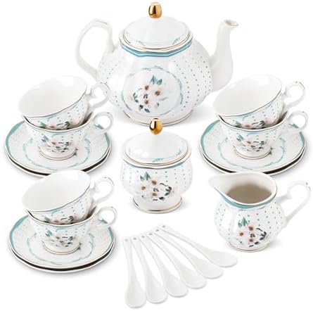 fanquare 21 Pieces Vintage White Camellia Porcelain Tea Set for Adults by fanquare