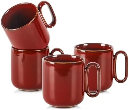 vicrays Ceramic Coffee Mug Set - 18 Ounce Large Stoneware Mug for Men Women - Unique Glazed Porcelain Mugs with Handle for Coffee Latte Tea Milk Cocoa - Set of 4 (Cherry Red) by VicraysCeramic