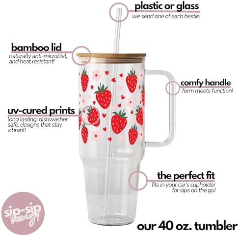 Sip-Sip Hooray! Strawberry Floral 40oz Glass Tumbler with Handle, Lid and Straw, Cute Summer Iced Coffee Cup, Gift for Women, Berry Flower Aesthetic - Image 4