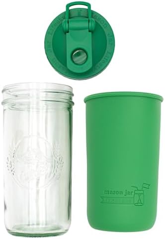 Mason Jar Lifestyle Wide Mouth 24oz Pint & Half Mason Jar Water Bottle Travel Tumbler with Silicone Sleeve & Pour & Store Shaking Lid (Leaf Green) by MasonJarLifestyle